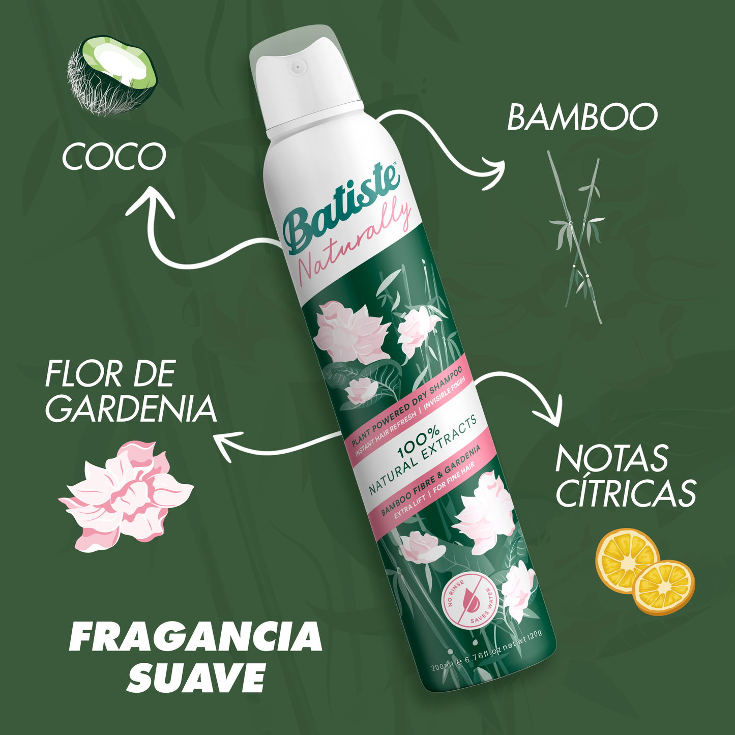 Shampoo en Seco Batiste Naturally Bamboo Fibre & Gardenia 200 ml