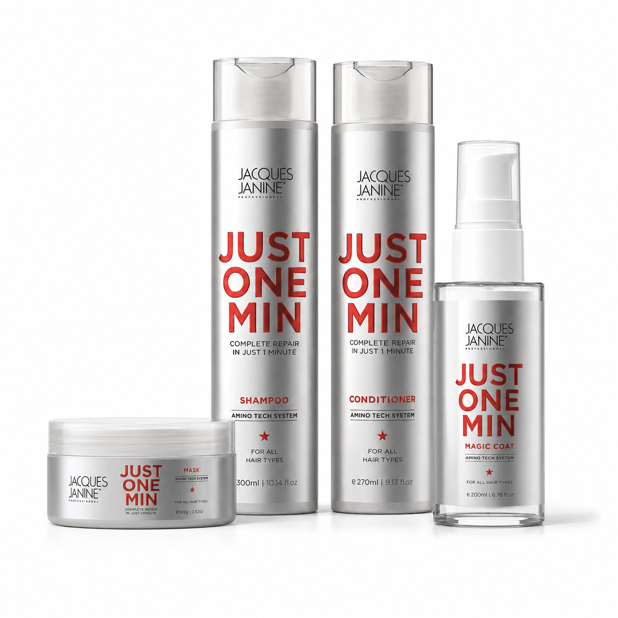 Kit Just One Minute 4 Pasos: Shampoo + Acondicionador + Mascarilla + Magic Coat