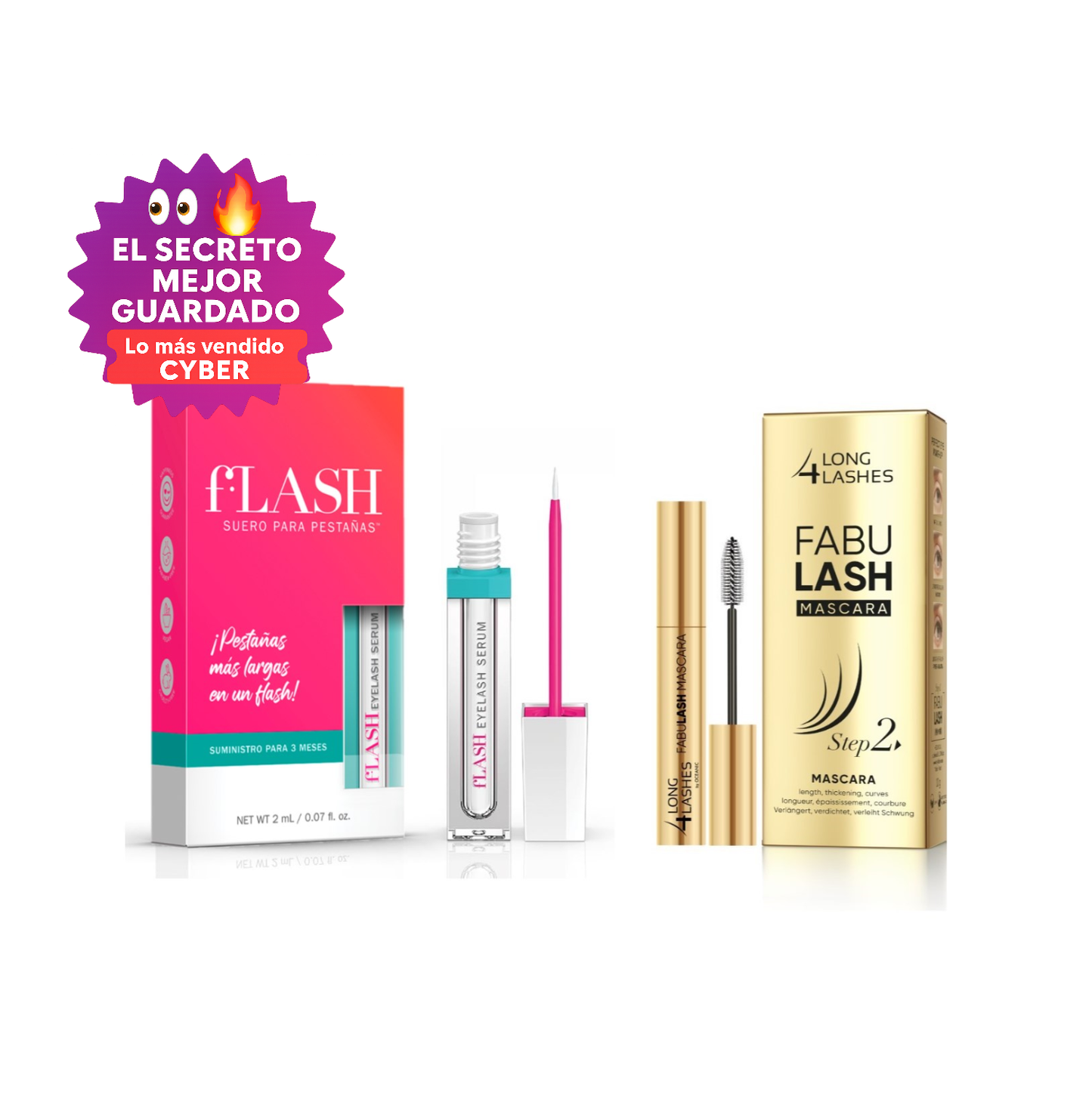 Flash Serum Para Crecimiento de las Pestañas 2 ml+ Máscara fortalecedora para pestañas Fabulash