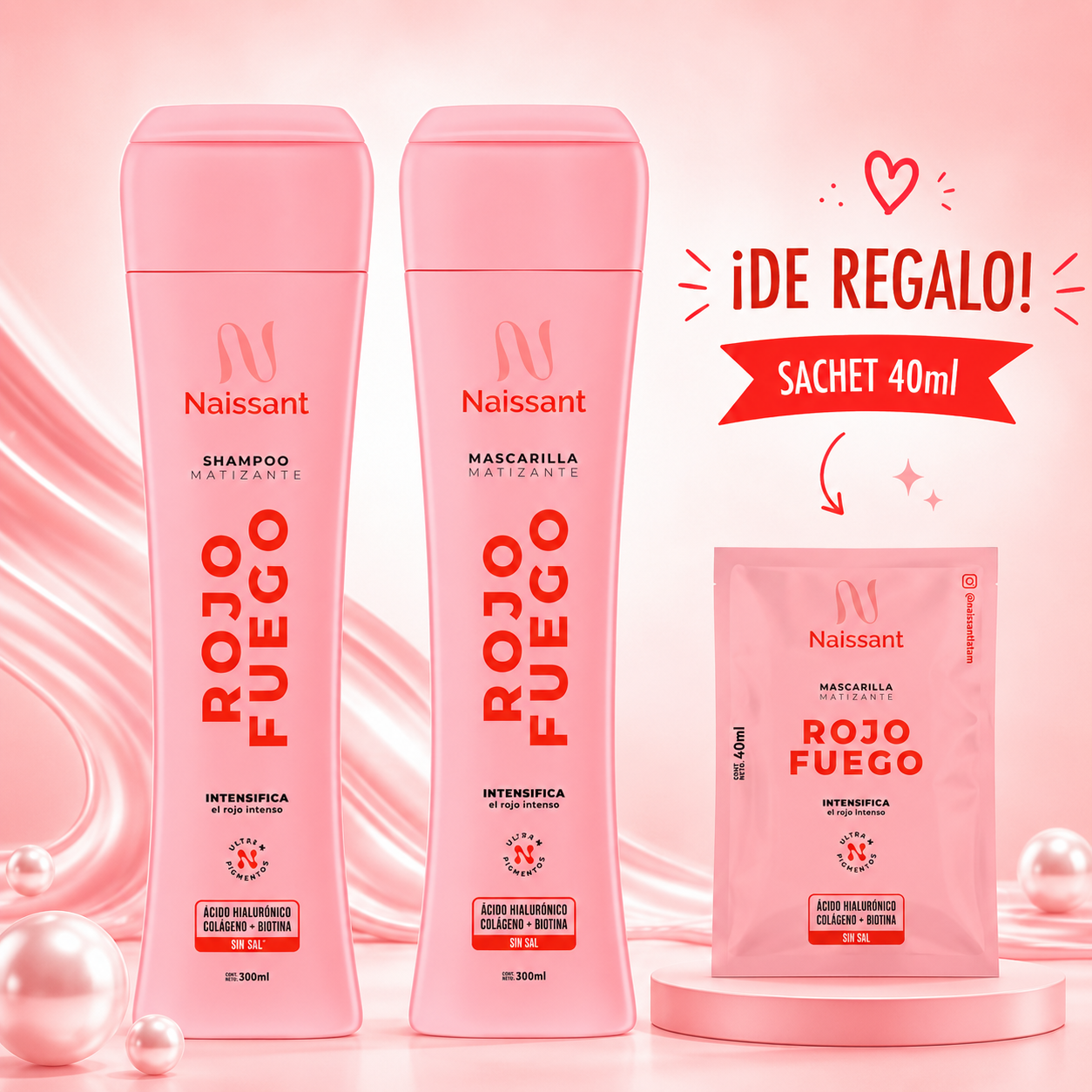 Tratamiento Capilar Mascarilla + Shampoo Matizador para Cabello Rojo Intenso Naissant 300ml c/u + Sachet de regalo