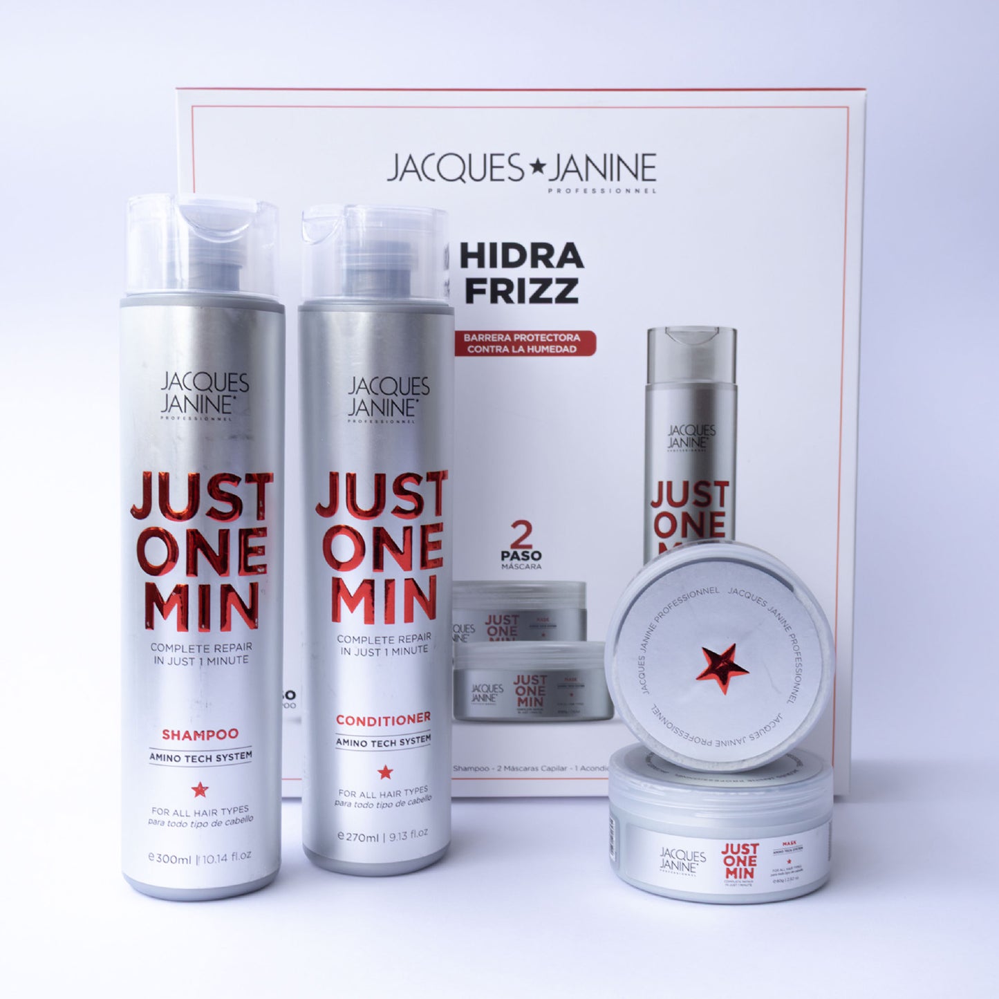 Set Regalable Jacques Janine Just One Min Capilar Premium 3 Pasos  Brillo, Antifrizz y Reparación (Shampoo + Acondicionador + 2 Mascarillas)