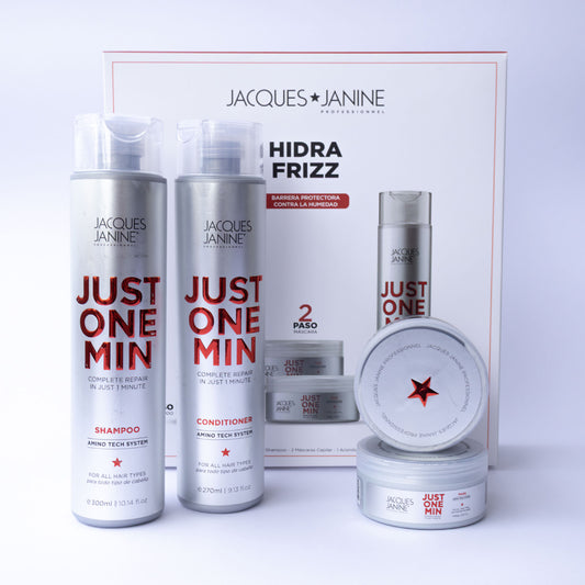 Set Regalable Jacques Janine Just One Min Capilar Premium 3 Pasos  Brillo, Antifrizz y Reparación (Shampoo + Acondicionador + 2 Mascarillas)