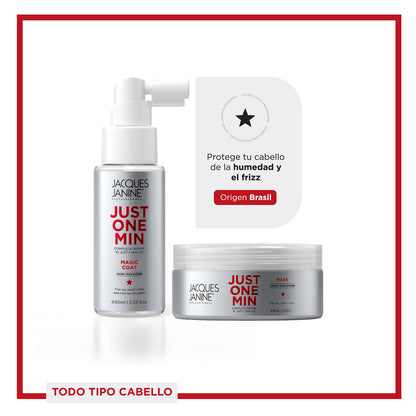 Set Regalable Jacques Janine Just One Min Capilar Premium 2 y 4 Pasos Brillo, Antifrizz y Reparación (Mascarilla + Magic Coat 60ml)