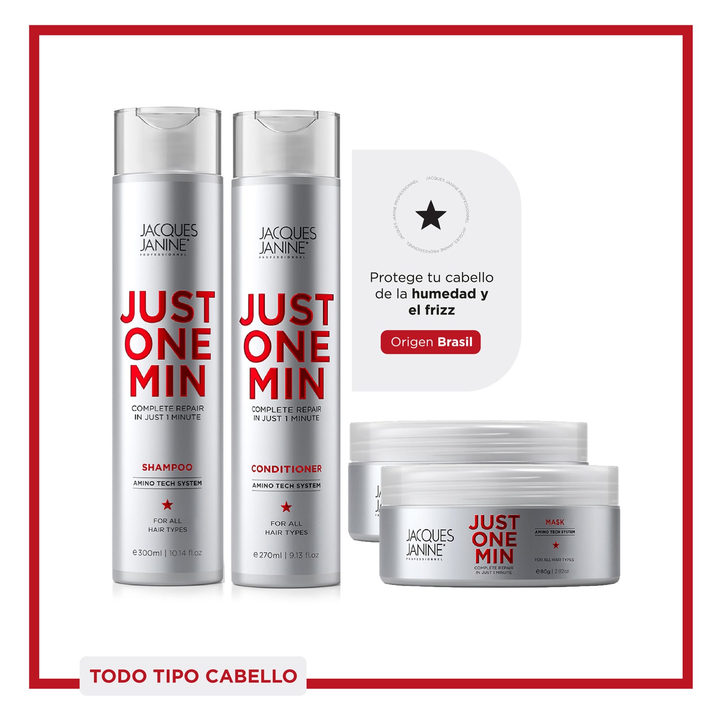Set Regalable Jacques Janine Just One Min Capilar Premium 3 Pasos  Brillo, Antifrizz y Reparación (Shampoo + Acondicionador + 2 Mascarillas)