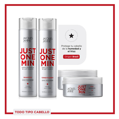 Set Regalable Jacques Janine Just One Min Capilar Premium 3 Pasos  Brillo, Antifrizz y Reparación (Shampoo + Acondicionador + 2 Mascarillas)