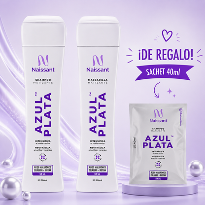 Tratamiento Capilar Mascarilla + Shampoo matizador Azul Plata para mantener Rubio Ceniza Naissant + Sachet de regalo