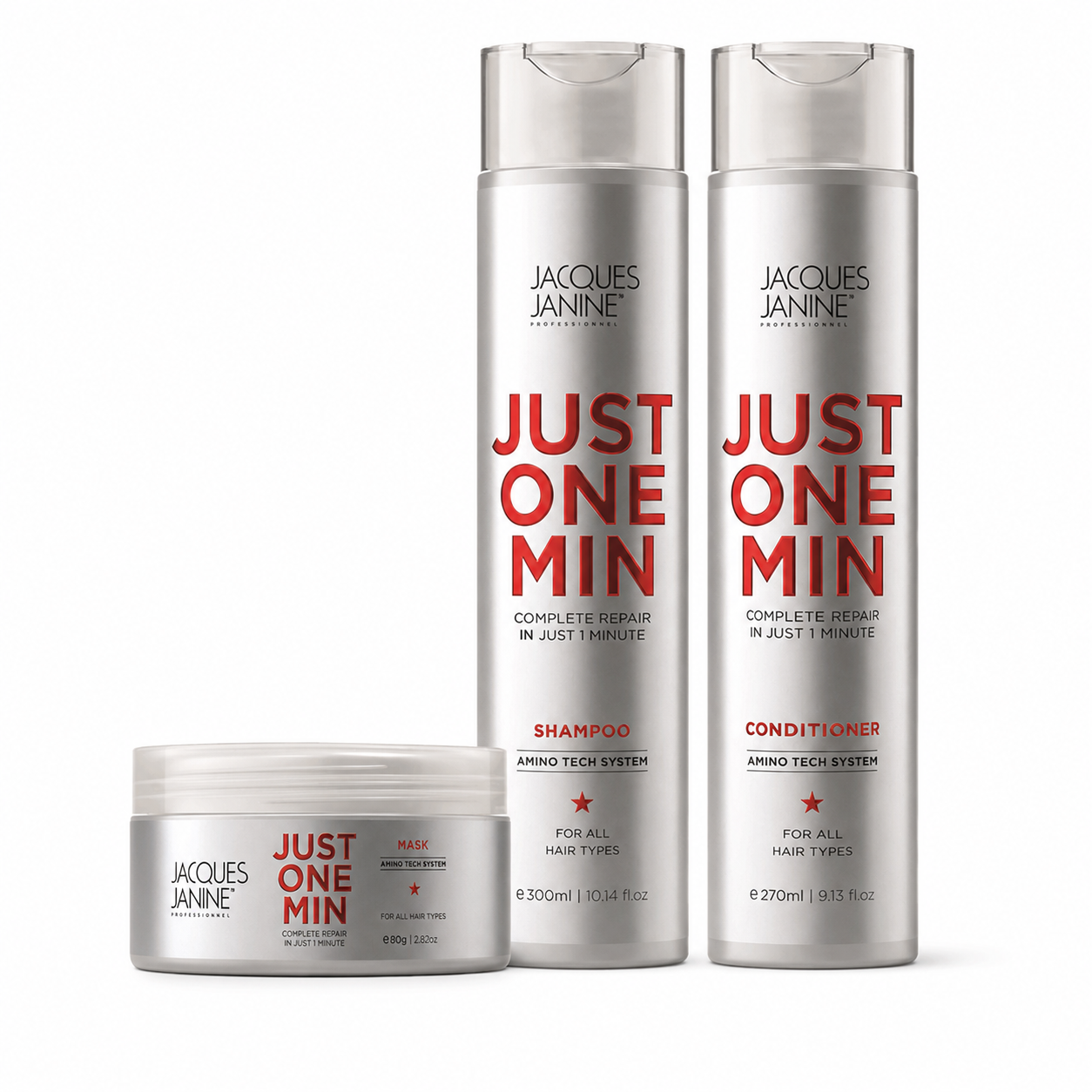 Rutina Antifrizz e Hidratación Just One Minute Brillo: Shampoo + Mascarilla + Acondicionador