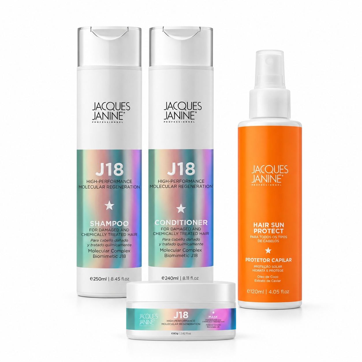 Kit J18 Verano 4 Pasos: Shampoo + Acondicionador + Mascarilla + Protector Solar