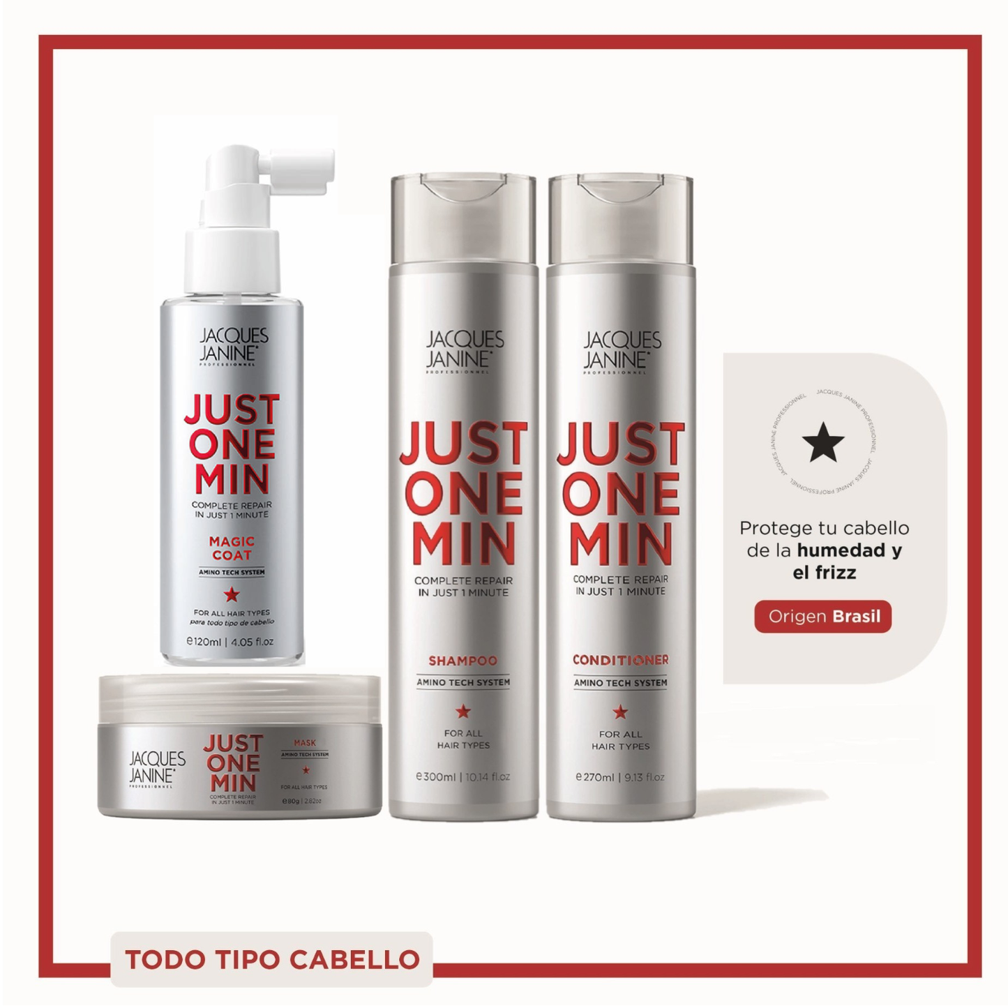 Kit Jacques Janine Just One Min Capilar Premium 4 Pasos Brillo, Antifrizz y Reparación (Shampoo + Acondicionador + Mascarilla + Magic Coat 120ml)