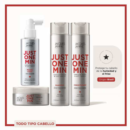 Kit Jacques Janine Just One Min Capilar Premium 4 Pasos Brillo, Antifrizz y Reparación (Shampoo + Acondicionador + Mascarilla + Magic Coat 120ml)