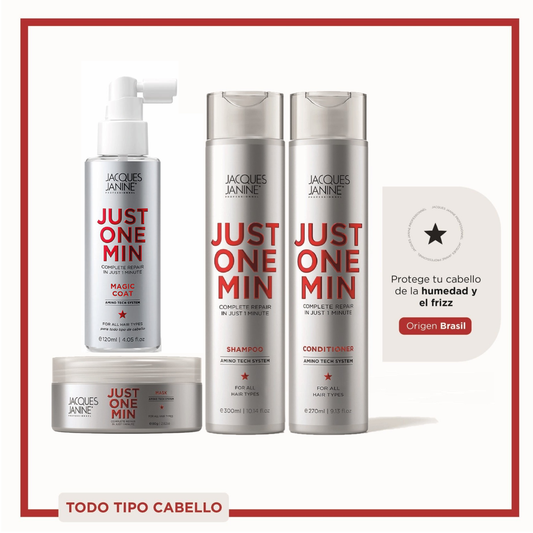 Kit Jacques Janine Just One Min Capilar Premium 4 Pasos Brillo, Antifrizz y Reparación (Shampoo + Acondicionador + Mascarilla + Magic Coat 120ml)