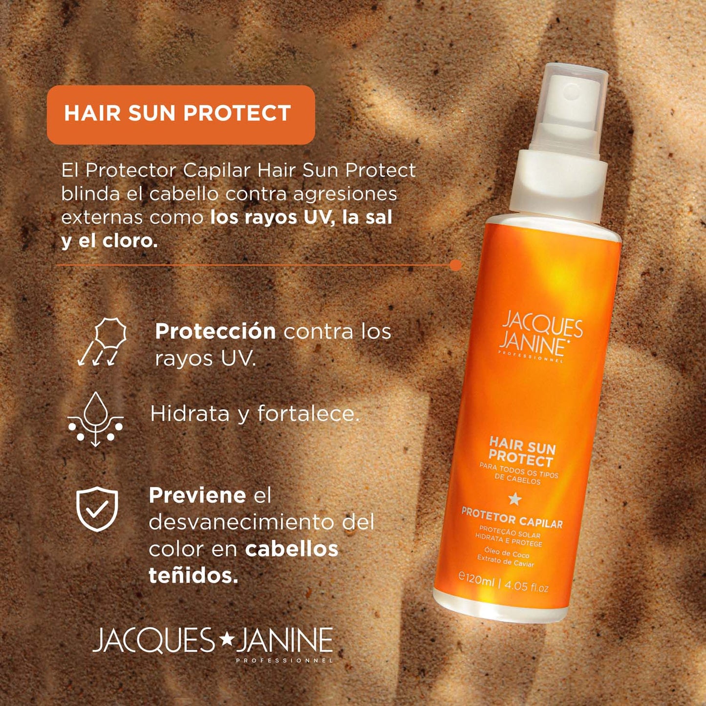 Protector Solar Capilar, Tratamiento Sin Enjuague Protección UV, Sal y Cloro 120ml