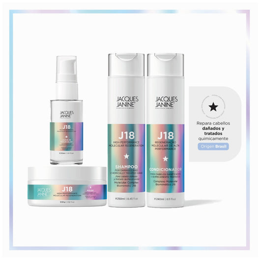 Kit Jacques Janine J18 Tratamiento Regeneración Molecular Capilar Intensiva de 4 Pasos (Shampoo + Acondicionador + Mascarilla + leave in)