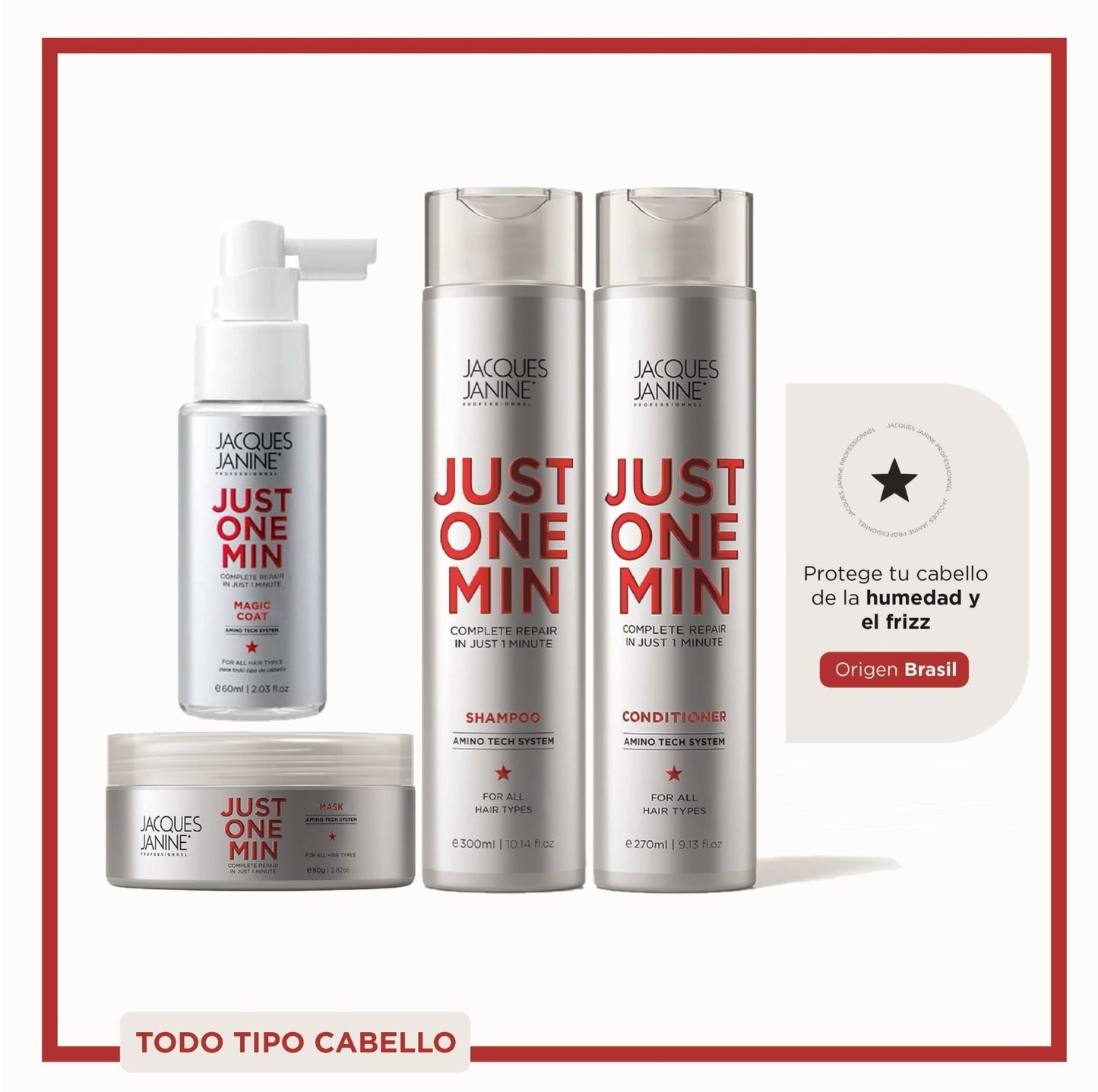 Kit Jacques Janine Just One Min Capilar Premium 4 Pasos  Brillo, Antifrizz y Reparación (Shampoo + Acondicionador + Mascarilla + Magic Coat 60ml)