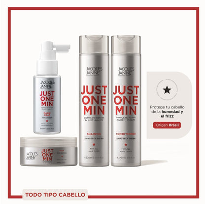 Kit Jacques Janine Just One Min Capilar Premium 4 Pasos  Brillo, Antifrizz y Reparación (Shampoo + Acondicionador + Mascarilla + Magic Coat 60ml)