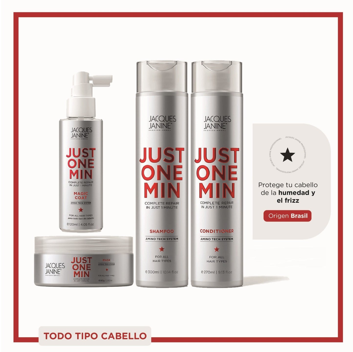 Kit Jacques Janine Just One Min Capilar Premium 4 Pasos  Brillo, Antifrizz y Reparación (Shampoo + Acondicionador + Mascarilla + Magic Coat 60ml)