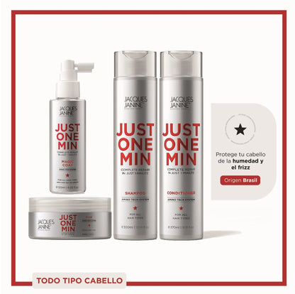 Kit Jacques Janine Just One Min Capilar Premium 4 Pasos  Brillo, Antifrizz y Reparación (Shampoo + Acondicionador + Mascarilla + Magic Coat 60ml)