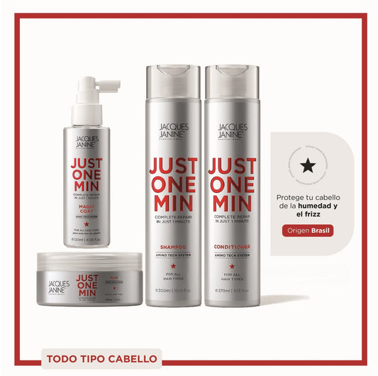 Kit Jacques Janine Just One Min Capilar Premium 4 Pasos  Brillo, Antifrizz y Reparación (Shampoo + Acondicionador + Mascarilla + Magic Coat 60ml)