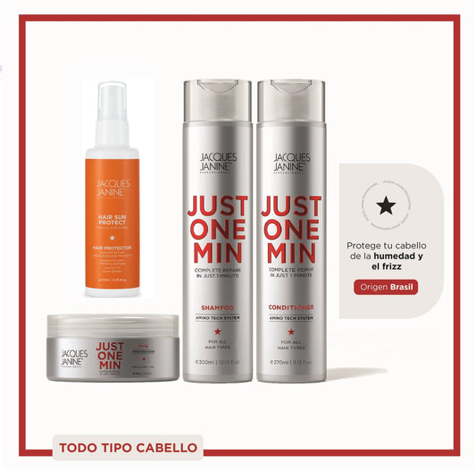Rutina para Cuidado Capilar Brillo Hidratatción, Reparación y Antifrizz Just One Min Jacques Janine 4 Pasos Edición Limitada Verano