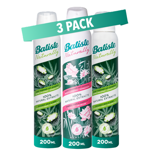 Pak x3 Batiste Shampoo en Seco 1 Naturally Bamboo Fibre & Gardenia + 2 Hemp & Coconut Milk 200ml c/u