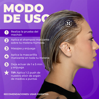 Tratamiento Capilar 2 Mascarillas + 1 Shampoo matizador Azul para mantener Rubio Ceniza Naissant 300ml c/u