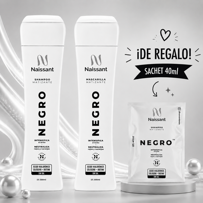 Tratamiento Capilar Mascarilla + Shampoo Matizador para Cabello Negro Intenso Naissant 300ml + Sachet de regalo