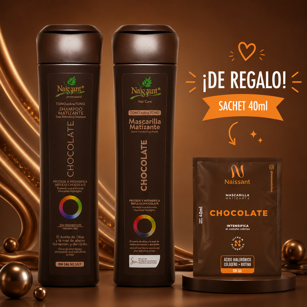 Tratamiento Capilar 1 Mascarillas + 1 Shampoo Castaño chocolate Naissant 300ml c/u + Sachet de Regalo